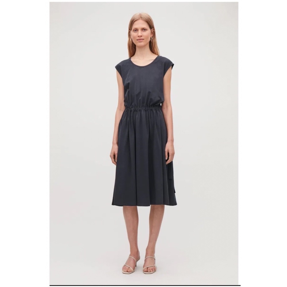 COS Navy Belted A-Line Jersey Midi Dress M Scandinavian Minimalist Quiet Luxury